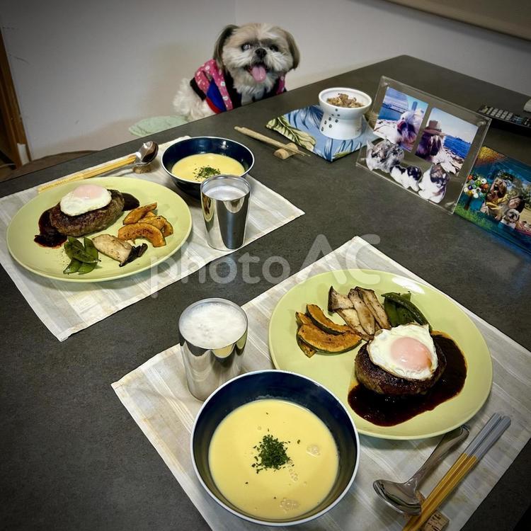 エッグハンバーグとポタージュと愛犬 旦那飯,男の料理,手料理の写真素材