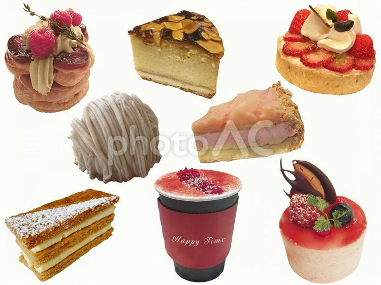 色々なケーキとドリンク PSD切抜き素材 ケーキ,フランス菓子,苺のタルトの写真素材