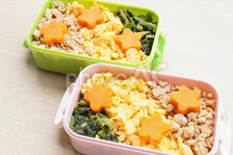 そぼろ弁当　2人分　かわいい4色弁当　 遠足,弁当,にんじんの写真素材