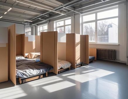 避難所で間仕切りされた個別空間の写真