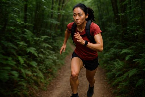 シングルトラックを疾走する女性ランナー シングルトラックを疾走する女性ランナーの写真