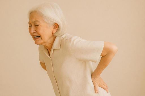 腰を押さえて痛がる中年女性 腰を押さえて痛がる中年女性の写真