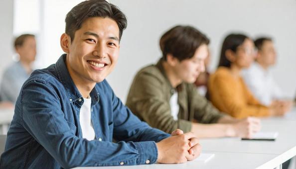 講師の講演を笑顔で聞くビジネスパーソン 講師の講演を笑顔で聞くビジネスパーソンの写真