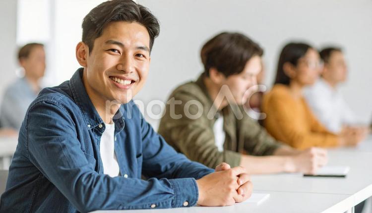 講師の講演を笑顔で聞くビジネスパーソン 講演,プレゼン,会議の写真素材