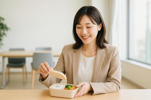 昼休みにお弁当を開く社会人女性の写真