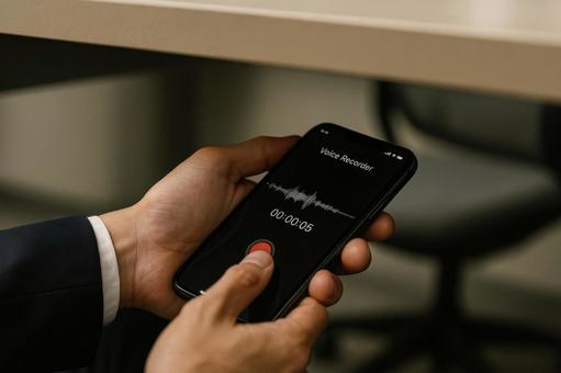 録音を開始するスマホの手元 録音を開始するスマホの手元の写真
