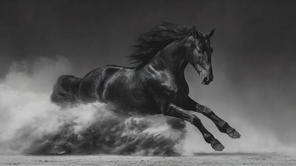 スピードと力強さ:圧倒的な存在感の黒馬 スピードと力強さ:圧倒的な存在感の黒馬の写真