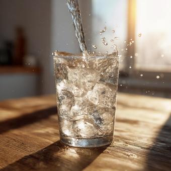 氷の入ったグラスに冷たい水を注ぐ瞬間 氷の入ったグラスに冷たい水を注ぐ瞬間の写真