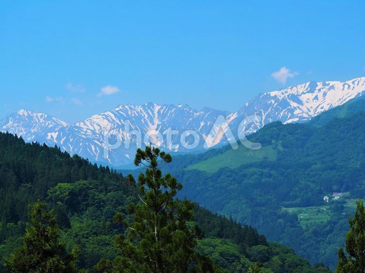 残雪の北アルプス アウトドア,6月,景色の写真素材