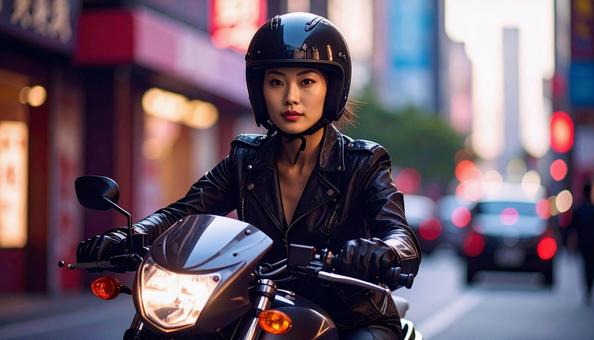 オートバイを運転する女性 オートバイを運転する女性の写真