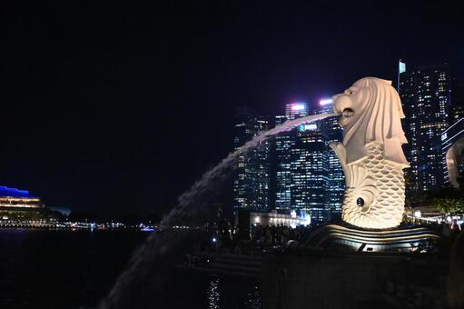 シンガポール　マーライオン マーライオン,シンガポール,夜の写真素材