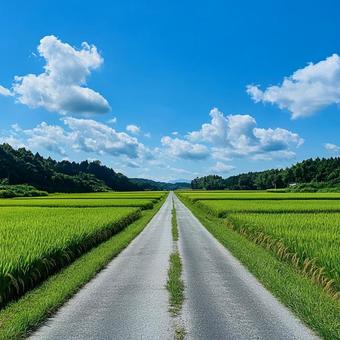 真っ直ぐに続く田舎道と稲穂の風景 真っ直ぐに続く田舎道と稲穂の風景の写真