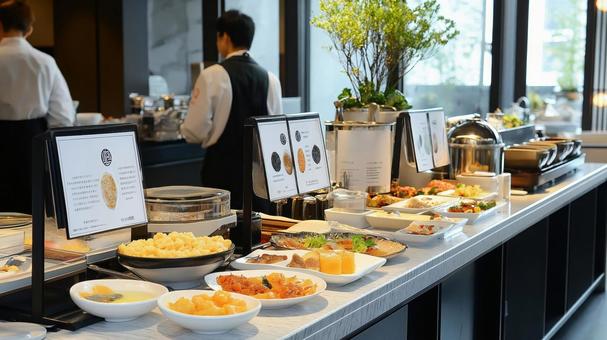 料理が並ぶレストランバイキングビュッフェ 料理が並ぶレストランバイキングビュッフェの写真
