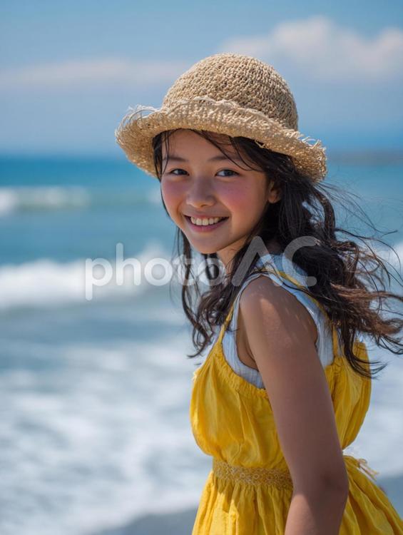 海辺の麦わら帽子を被った女性 ai人物,ポートレート,海辺の写真素材