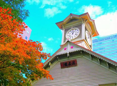 札幌市時計台　紅葉 時計台,建物,木造の写真素材