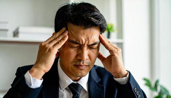 頭を押さえて悩む日本人男性ビジネスマン 頭を押さえて悩む日本人男性ビジネスマンの写真