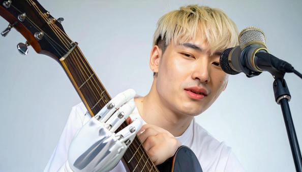 義手の若者がギターを弾く 義手の若者がギターを弾くの写真