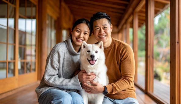 A smiling couple at a hotel where they can stay with their dog , pets allowed, hotel, owner, JPG