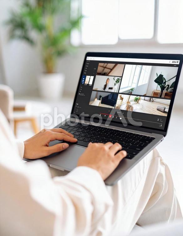自宅で動画編集している女性の手元 動画編集,リビング,女性の写真素材