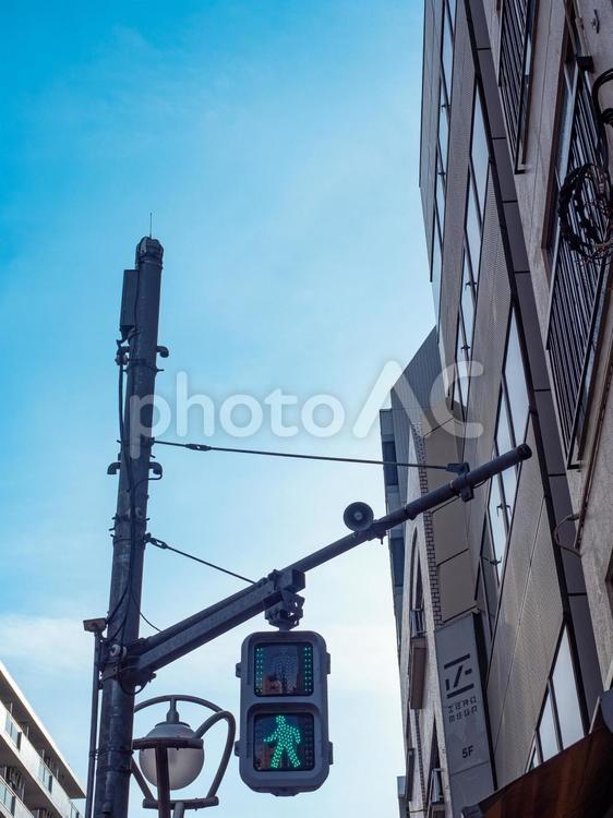 青信号と空 街並み,屋外,青空の写真素材
