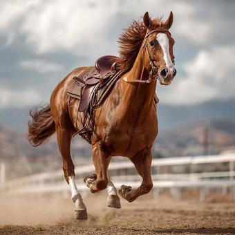 競馬場で全速力で駆ける美しい栗毛馬 競馬場で全速力で駆ける美しい栗毛馬の写真