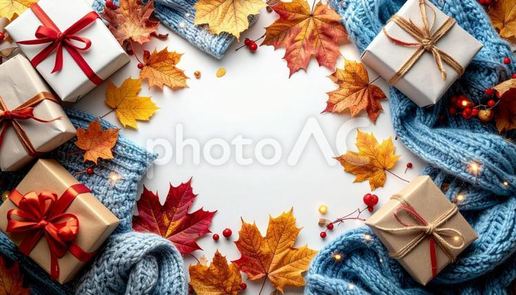 秋の贈り物：感謝を込めて 秋,紅葉,プレゼントの写真素材