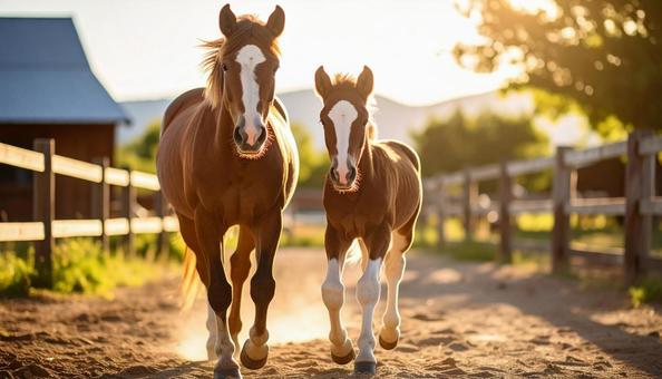 牧場を歩く馬の親子 牧場を歩く馬の親子の写真