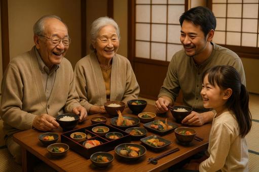 和食を囲む家族の風景 和食を囲む家族の風景の写真