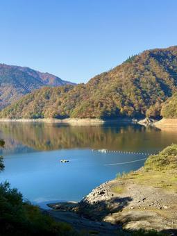 秋の福井の九頭竜ダム　紅葉に色づく湖 秋,道路,晩秋の写真素材
