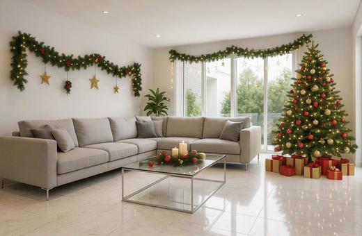 クリスマス装飾をした白い大理石リビングの写真