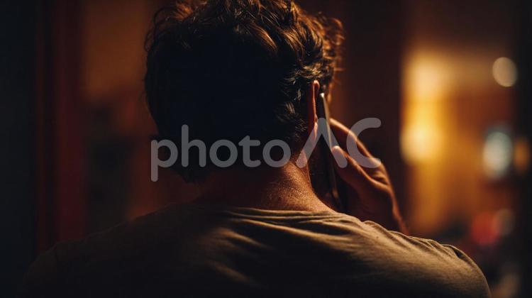 街の光と電話越しの会話 男性,後ろ姿,電話の写真素材