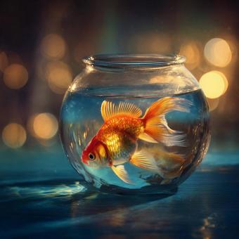 幻想的な光に包まれたガラス鉢の優雅な金魚 幻想的な光に包まれたガラス鉢の優雅な金魚の写真