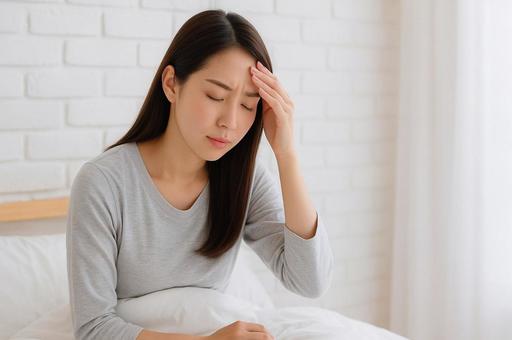 頭痛や体調不良を訴える女性・ストレスの写真