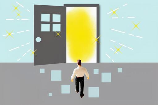 ドアの向こうの世界へ足を踏み出す会社員 転職,光,希望の写真素材