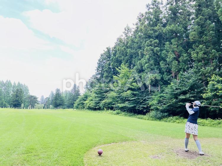 森林に囲まれたゴルフ場でティーショット ゴルフ,ゴルフ場,ティーショットの写真素材