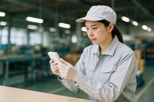 製品チェックする女性作業員の写真