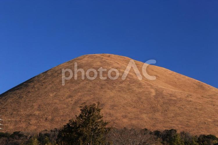 大室山の山焼き前の姿 大室山,青空,太陽の写真素材