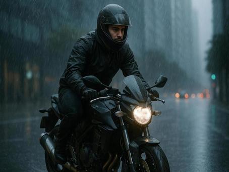 大雨の中をバイクで走る男性 大雨の中をバイクで走る男性の写真