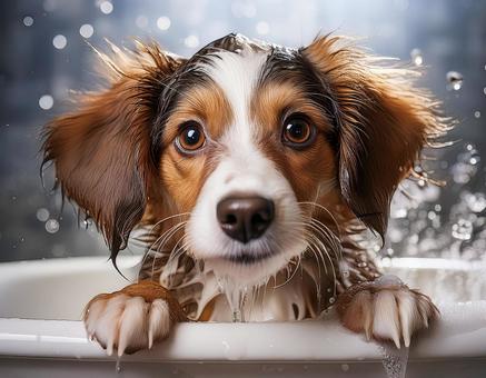 シャンプーをされる犬 シャンプーをされる犬の写真