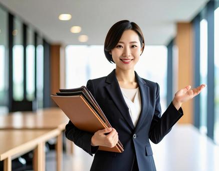 資料を片手に案内をする女性 資料を片手に案内をする女性の写真