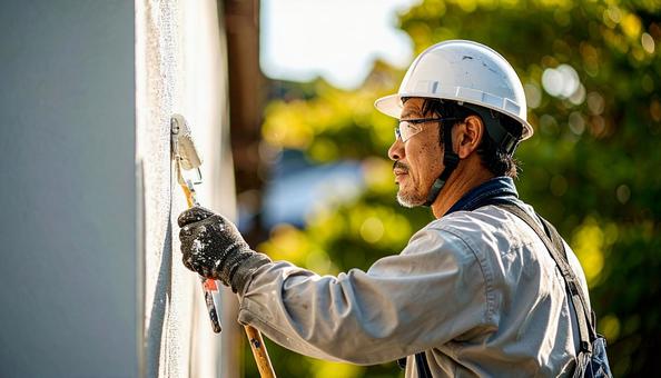 住宅の外壁塗装をする作業服の男性 住宅の外壁塗装をする作業服の男性の写真
