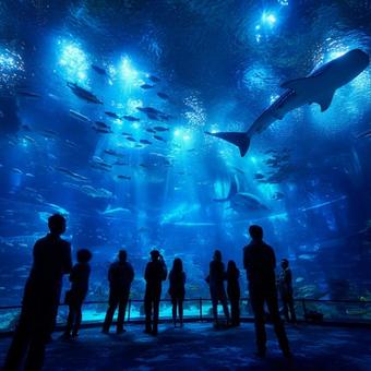巨大水槽でジンベエザメを観賞する人々 巨大水槽でジンベエザメを観賞する人々の写真