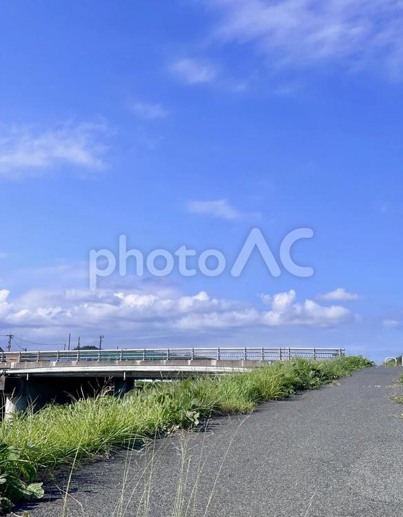 橋を渡る小径 青空,空,青の写真素材