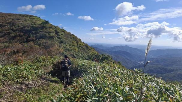 紅葉の登山道を歩く登山者 登山,縦走,登山者の写真素材