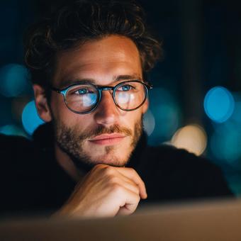 モニターを見つめる眼鏡の外国人男性 モニターを見つめる眼鏡の外国人男性の写真