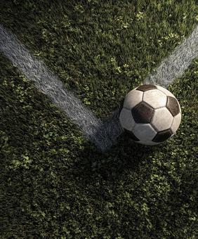 試合開始を待つサッカーボールと白線 試合開始を待つサッカーボールと白線の写真