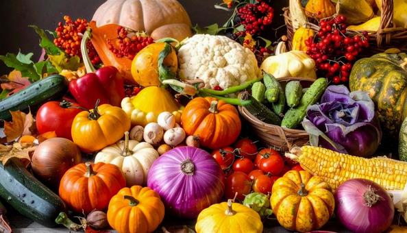 秋野菜たち　カボチャ　ズッキーニ　トマトの写真