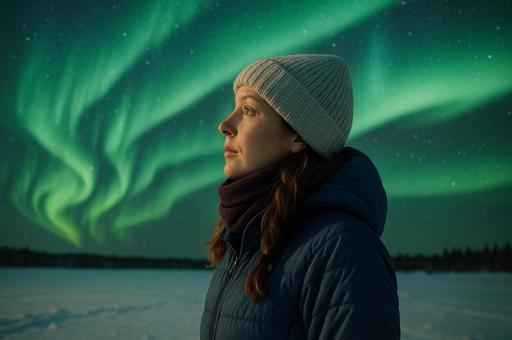 オーロラに見惚れる人物 オーロラに見惚れる人物の写真