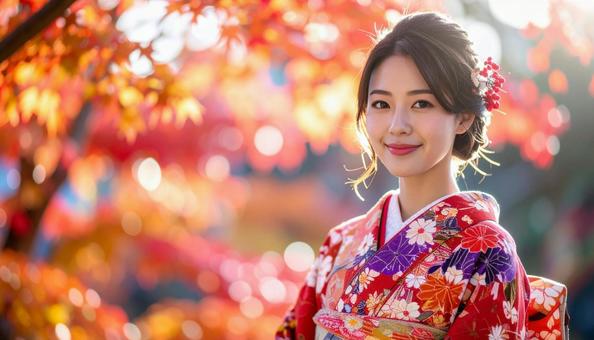 紅葉を眺める晴れ着姿の女性のポートレートの写真