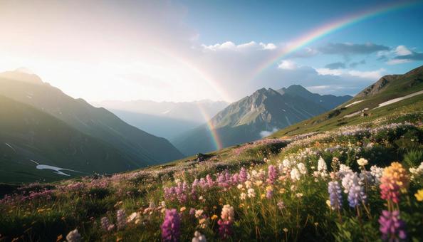 虹のかかる草原の風景の写真